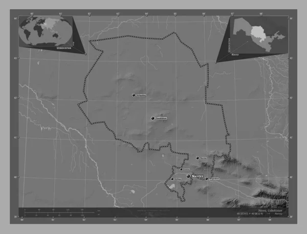 Navoi Región Uzbekistán Mapa Elevación Bilevel Con Lagos Ríos Ubicaciones — Foto de Stock