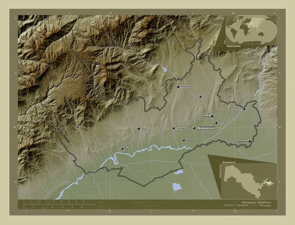 南観山 南観山 ウズベキスタンの地方 湖や川とWikiスタイルで着色された標高マップ 地域の主要都市の位置と名前 コーナー補助位置図 — ストック写真