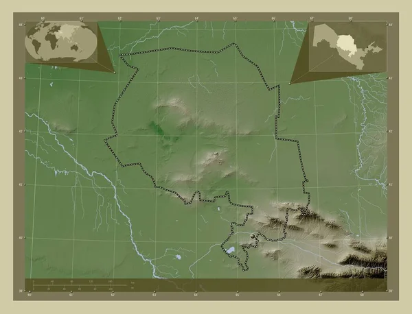 Navoi 乌兹别克斯坦地区 用Wiki风格绘制的带有湖泊和河流的高程地图 角辅助位置图 — 图库照片