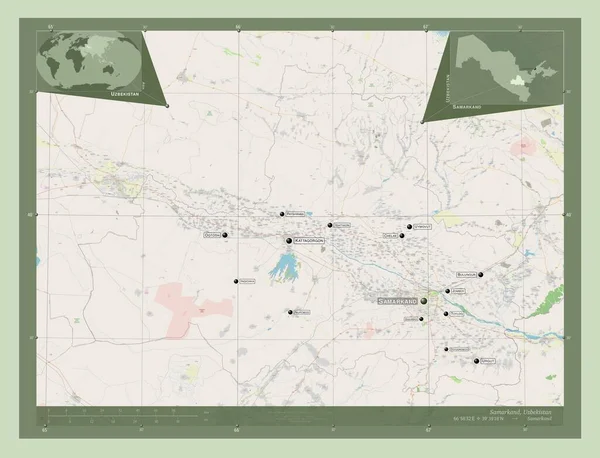 乌兹别克斯坦撒马尔罕地区 开放街道地图 该区域主要城市的地点和名称 角辅助位置图 — 图库照片