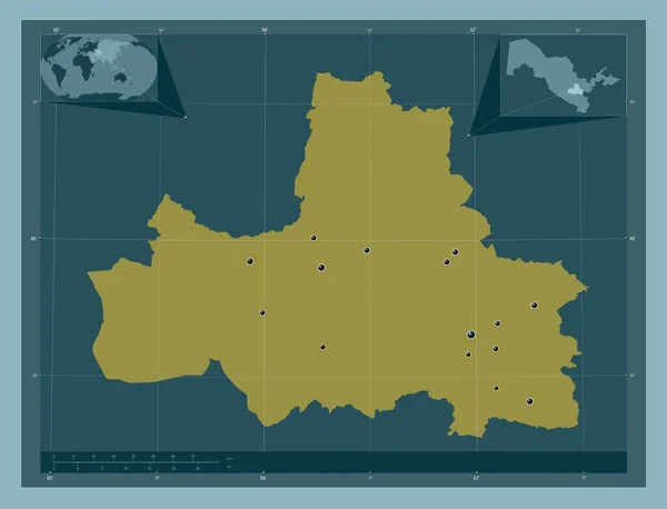 ウズベキスタンのサマルカンド地方 しっかりした色の形 地域の主要都市の場所 コーナー補助位置図 — ストック写真