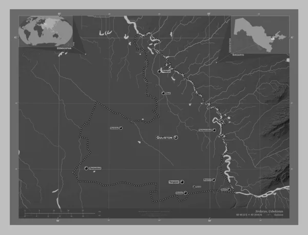 Sirdaryo Região Uzbequistão Mapa Elevação Escala Cinza Com Lagos Rios — Fotografia de Stock