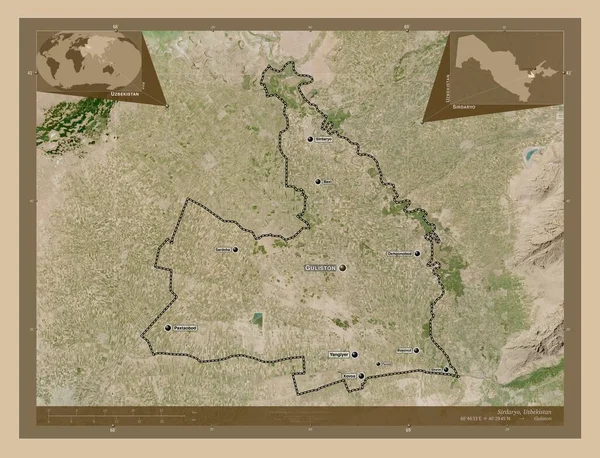 シルダリオ ウズベキスタンの地域 低解像度衛星地図 地域の主要都市の位置と名前 コーナー補助位置図 — ストック写真