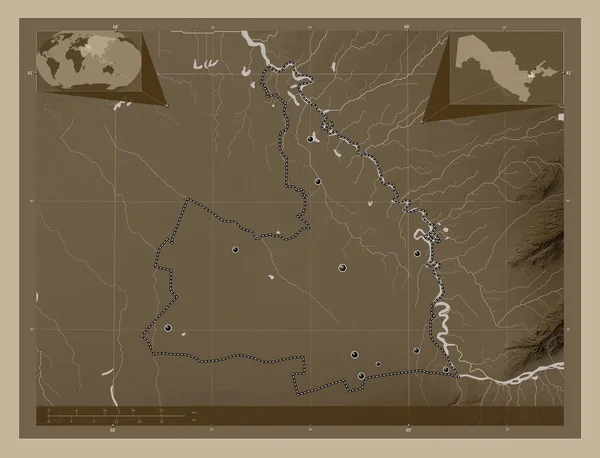 Sirdaryo Oblast Uzbekistánu Zdvihová Mapa Zbarvená Sépiovými Tóny Jezery Řekami — Stock fotografie