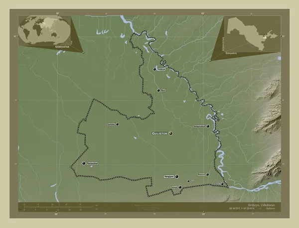 乌兹别克斯坦锡尔达约地区 用Wiki风格绘制的带有湖泊和河流的高程地图 该区域主要城市的地点和名称 角辅助位置图 — 图库照片