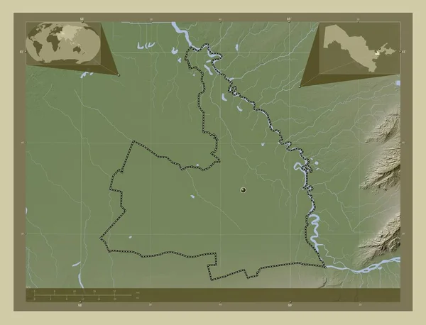乌兹别克斯坦锡尔达约地区 用Wiki风格绘制的带有湖泊和河流的高程地图 角辅助位置图 — 图库照片