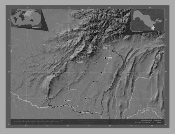 Surkhandarya Regio Oezbekistan Hoogteplattegrond Met Meren Rivieren Locaties Namen Van — Stockfoto