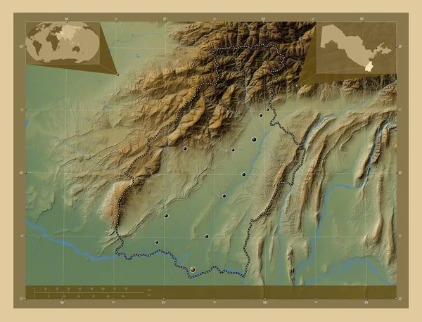 Surkhandarya Uzbekistanin Alue Värilliset Korkeus Kartta Järviä Jokia Alueen Suurimpien — kuvapankkivalokuva