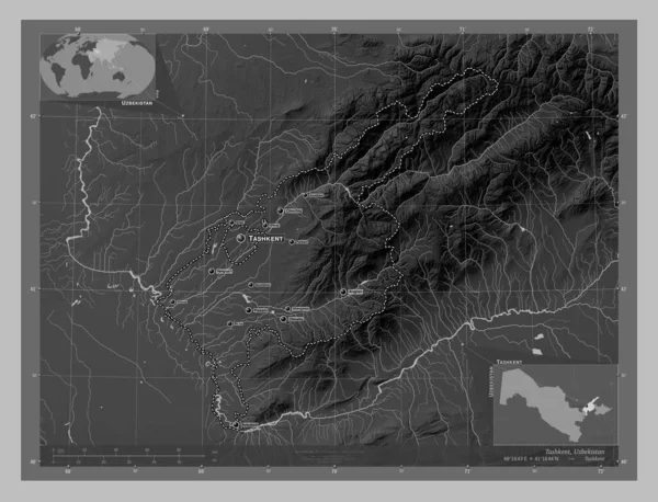 Ташкент Область Узбекистана Карта Высот Оттенках Серого Озерами Реками Места — стоковое фото