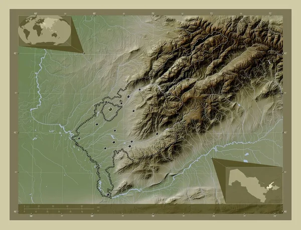 塔什干 乌兹别克斯坦地区 用Wiki风格绘制的带有湖泊和河流的高程地图 该区域主要城市的所在地点 角辅助位置图 — 图库照片