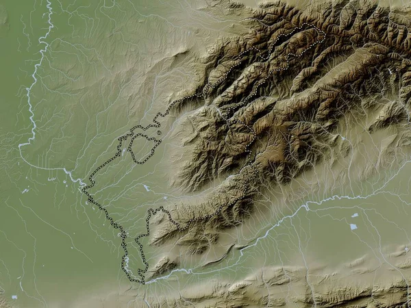 Tashkent, region of Uzbekistan. Elevation map colored in wiki style with lakes and rivers