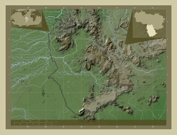 委内瑞拉的亚马孙州 用Wiki风格绘制的带有湖泊和河流的高程地图 角辅助位置图 — 图库照片