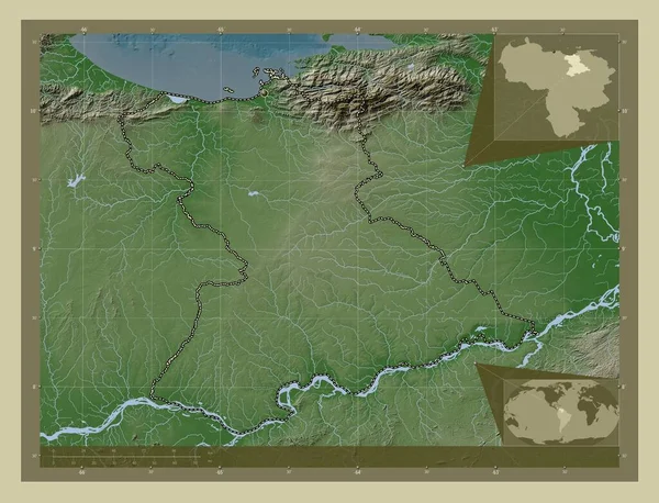Anzoategui Stan Wenezuela Mapa Wzniesień Kolorowa Stylu Wiki Jeziorami Rzekami — Zdjęcie stockowe