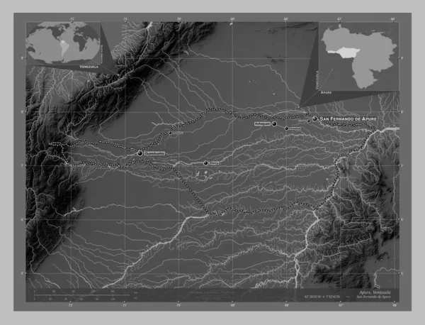 Apure Stan Wenezuela Mapa Wzniesień Skali Szarości Jeziorami Rzekami Lokalizacje — Zdjęcie stockowe