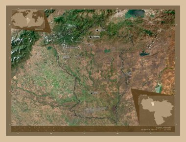 Cojedes, Venezuela eyaleti. Düşük çözünürlüklü uydu. Bölgenin büyük şehirlerinin yerleri ve isimleri. Köşedeki yedek konum haritaları