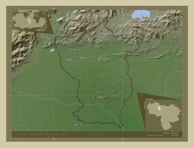 Cojedes, Venezuela eyaleti. Yükseklik haritası göller ve nehirlerle wiki tarzında renklendirilmiş. Bölgenin büyük şehirlerinin yerleri ve isimleri. Köşedeki yedek konum haritaları
