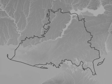 Kherson, Ukrayna bölgesi. Gölleri ve nehirleri olan gri tonlama yükseklik haritası