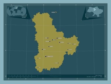 Kiev, Ukrayna bölgesi. Katı renk şekli. Bölgenin büyük şehirlerinin yerleri ve isimleri. Köşedeki yedek konum haritaları