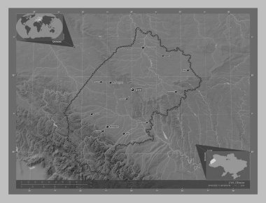 L 'viv, Ukrayna bölgesi. Gölleri ve nehirleri olan gri tonlama yükseklik haritası. Bölgenin büyük şehirlerinin yerleri ve isimleri. Köşedeki yedek konum haritaları