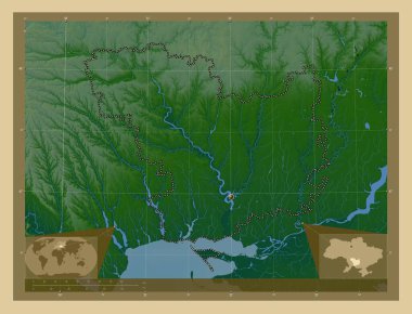 Mykolayiv, Ukrayna bölgesi. Gölleri ve nehirleri olan renkli yükseklik haritası. Köşedeki yedek konum haritaları