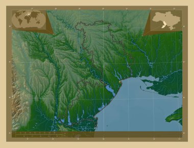 Odessa, Ukrayna bölgesi. Gölleri ve nehirleri olan renkli yükseklik haritası. Köşedeki yedek konum haritaları