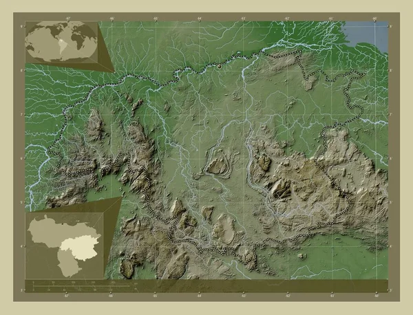 玻利瓦尔 委内瑞拉国 用Wiki风格绘制的带有湖泊和河流的高程地图 角辅助位置图 — 图库照片