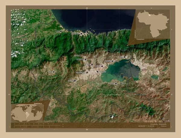 Carabobo, Venezuela Eyaleti. Düşük çözünürlüklü uydu. Bölgenin büyük şehirlerinin yerleri ve isimleri. Köşedeki yedek konum haritaları