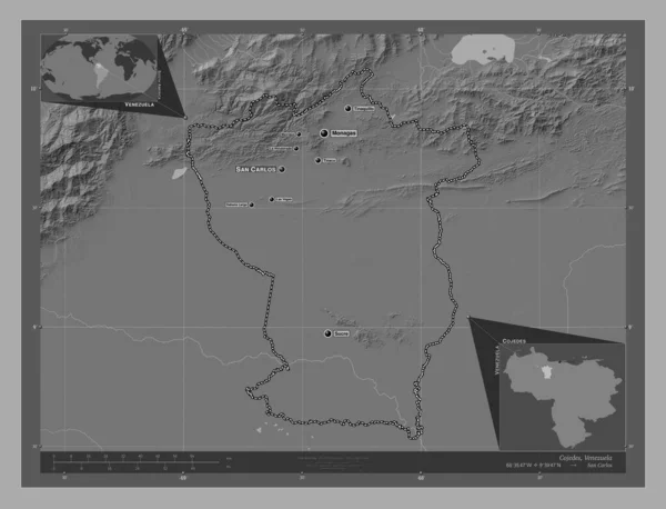 Cojedes Estado Venezuela Mapa Elevación Bilevel Con Lagos Ríos Ubicaciones —  Fotos de Stock