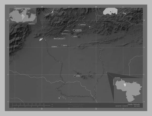 Cojedes 베네수엘라의 호수와 회색의 지역의 도시들의 위치와 Corner Auxiliary Location — 스톡 사진
