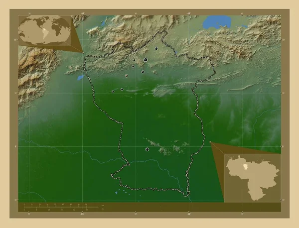 Cojedes Stan Wenezuela Kolorowa Mapa Wzniesień Jeziorami Rzekami Lokalizacje Dużych — Zdjęcie stockowe