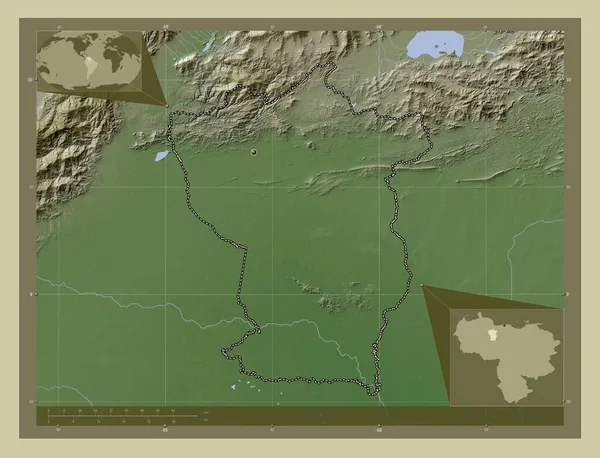 Cojedes 委内瑞拉国 用Wiki风格绘制的带有湖泊和河流的高程地图 角辅助位置图 — 图库照片