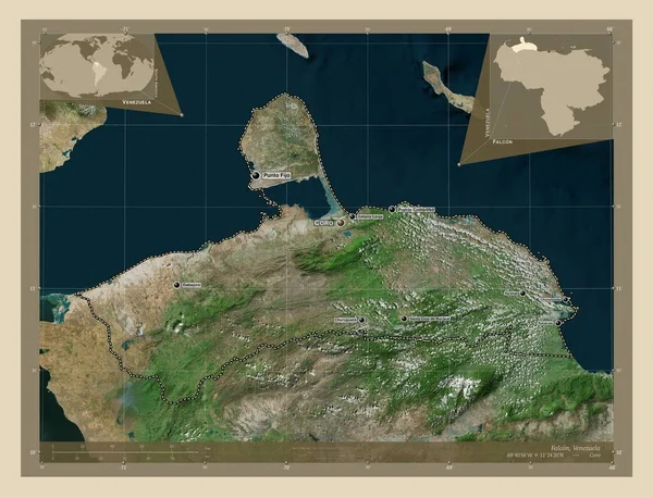 Falcon Stan Wenezuela Mapa Satelity Wysokiej Rozdzielczości Lokalizacje Nazwy Głównych — Zdjęcie stockowe
