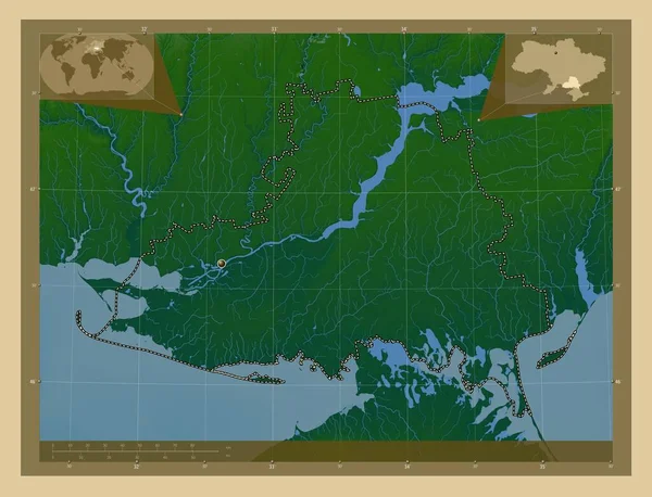 Chersoń Region Ukrainy Kolorowa Mapa Wzniesień Jeziorami Rzekami Pomocnicze Mapy — Zdjęcie stockowe