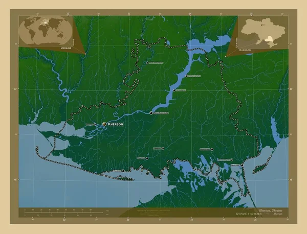 ヘルソン ウクライナの地域 湖や川と色の標高マップ 地域の主要都市の位置と名前 コーナー補助位置図 — ストック写真