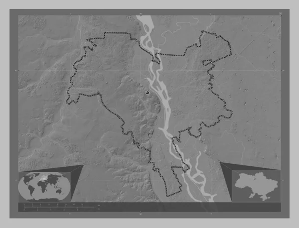 Kiev City Independent City Ukraine Grayscale Elevation Map Lakes Rivers — Stock Photo, Image