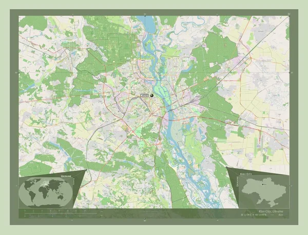 Kiev City, Ukrayna 'nın bağımsız şehri. Açık Sokak Haritası. Bölgenin büyük şehirlerinin yerleri ve isimleri. Köşedeki yedek konum haritaları