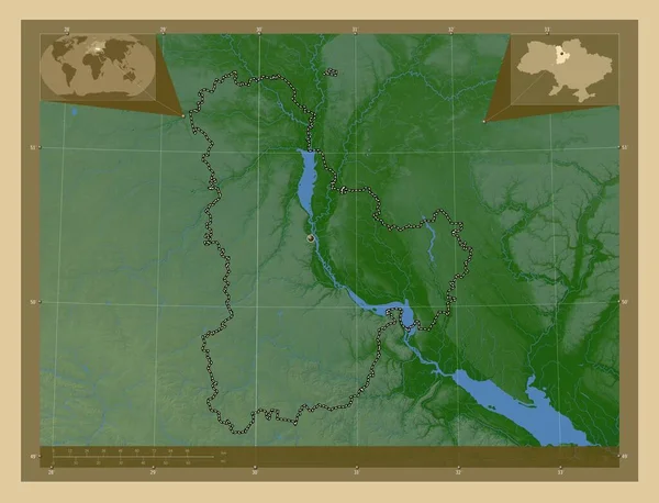 Kijów Obwód Ukraiński Kolorowa Mapa Wzniesień Jeziorami Rzekami Pomocnicze Mapy — Zdjęcie stockowe