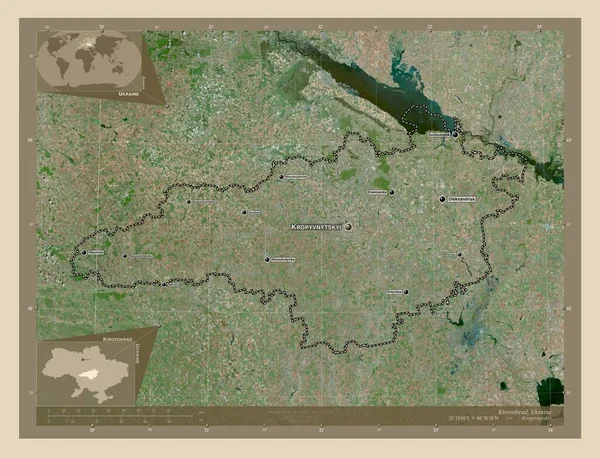 Kirovohrad 乌克兰地区 高分辨率卫星地图 该区域主要城市的地点和名称 角辅助位置图 — 图库照片