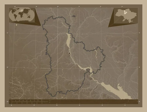 Kijów Obwód Ukraiński Mapa Elewacji Kolorowe Sepia Dźwięki Jeziorami Rzekami — Zdjęcie stockowe