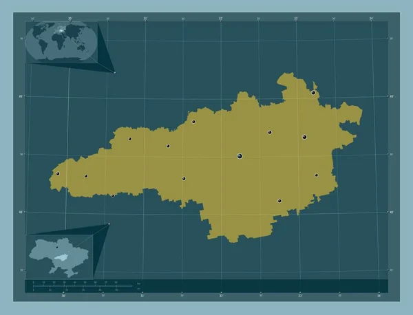 ウクライナの地域のKirovohrad しっかりした色の形 地域の主要都市の場所 コーナー補助位置図 — ストック写真