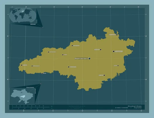 ウクライナの地域のKirovohrad しっかりした色の形 地域の主要都市の位置と名前 コーナー補助位置図 — ストック写真