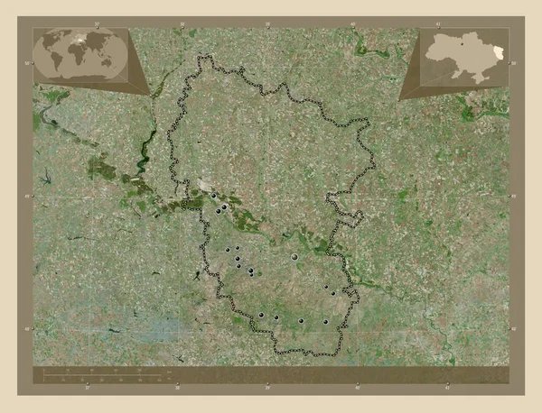 Luhans 乌克兰地区 高分辨率卫星地图 该区域主要城市的所在地点 角辅助位置图 — 图库照片