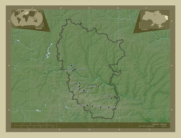 Luhans 乌克兰地区 用Wiki风格绘制的带有湖泊和河流的高程地图 该区域主要城市的地点和名称 角辅助位置图 — 图库照片