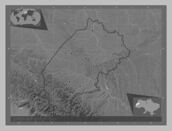 Viv Ukrajna Régiója Szürkeárnyas Térkép Tavakkal Folyókkal Régió Nagyvárosainak Elhelyezkedése — Stock Fotó