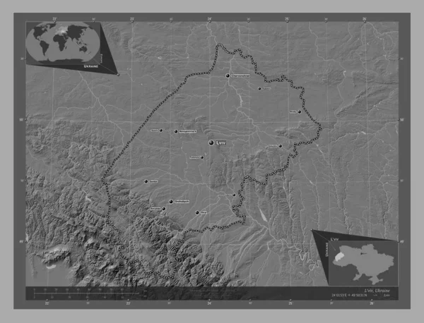 Viv Région Ukraine Carte Altitude Bilevel Avec Lacs Rivières Emplacements — Photo