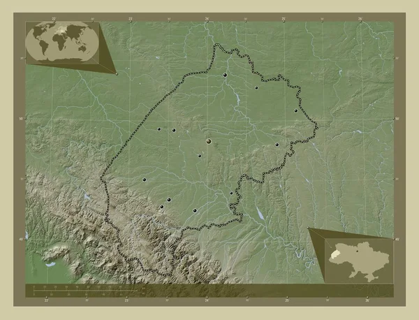 Viv 乌克兰地区 用Wiki风格绘制的带有湖泊和河流的高程地图 该区域主要城市的所在地点 角辅助位置图 — 图库照片