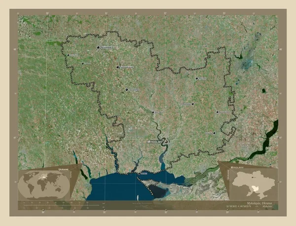 Mykolayiv 乌克兰地区 高分辨率卫星地图 该区域主要城市的地点和名称 角辅助位置图 — 图库照片