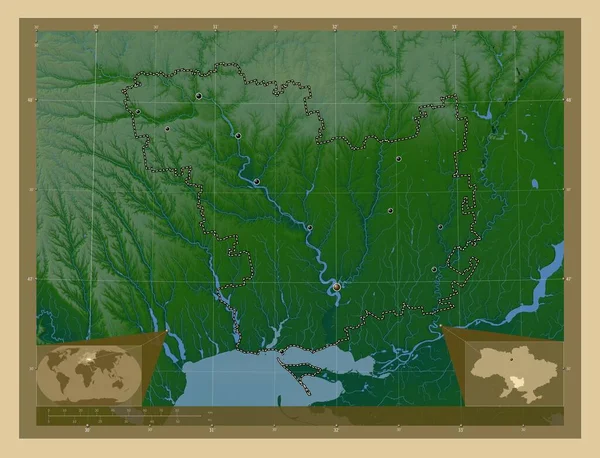 Mikołaj Obwód Ukraiński Kolorowa Mapa Wzniesień Jeziorami Rzekami Lokalizacje Dużych — Zdjęcie stockowe