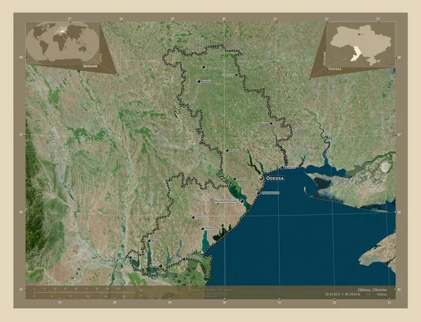 乌克兰敖德萨地区 高分辨率卫星地图 该区域主要城市的地点和名称 角辅助位置图 — 图库照片