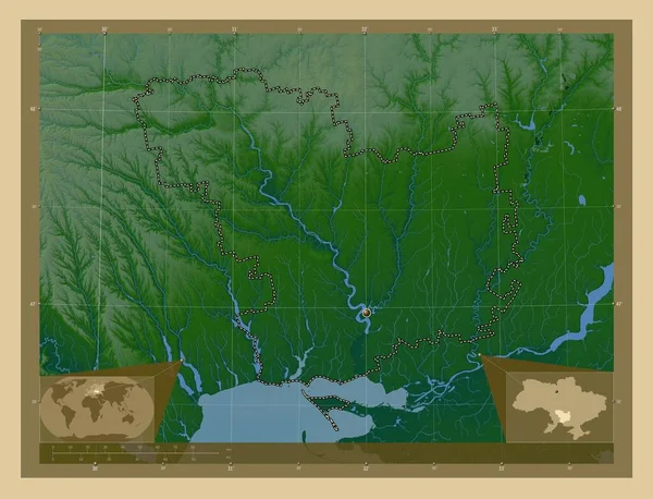 Mykolajiv Oblast Ukrajiny Barevná Mapa Jezery Řekami Pomocné Mapy Polohy — Stock fotografie